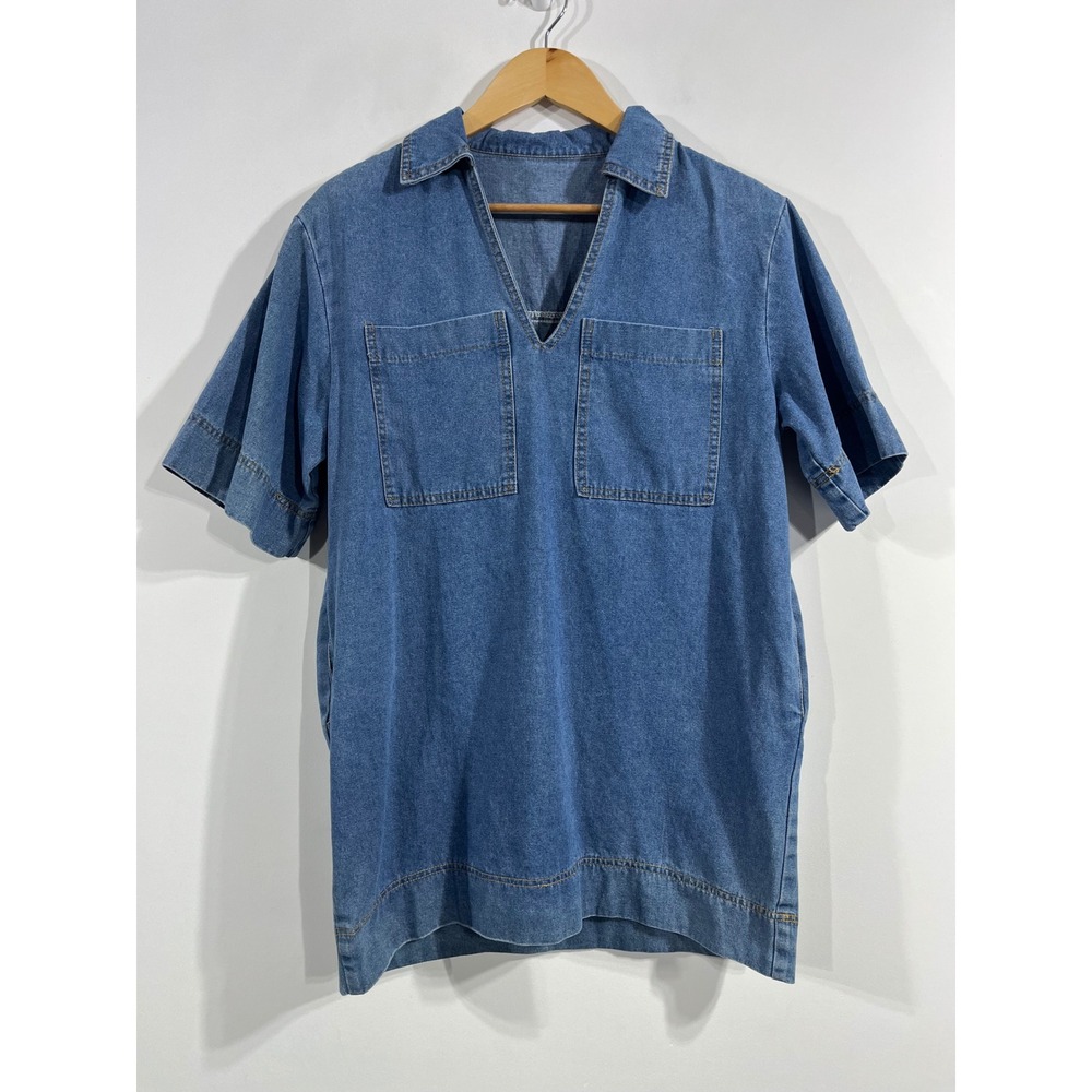 Womens VTG Denim Western Retro 70s Festival Short Sleeve Tunic Top Pockets Small
